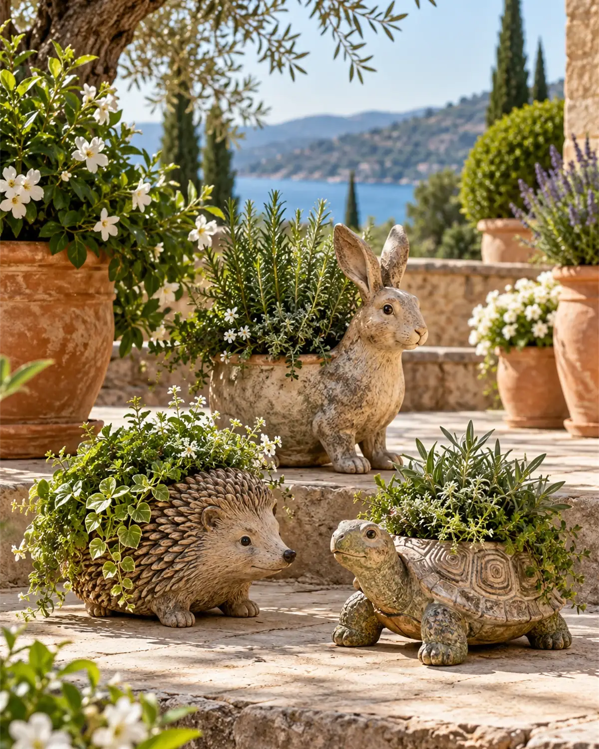 Outros vasos decorativos em forma de animais num jardim